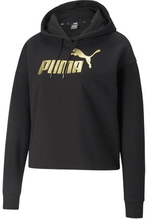 Puma Womens Essential Metallic  Cropped Hoodie  - Black/Gold