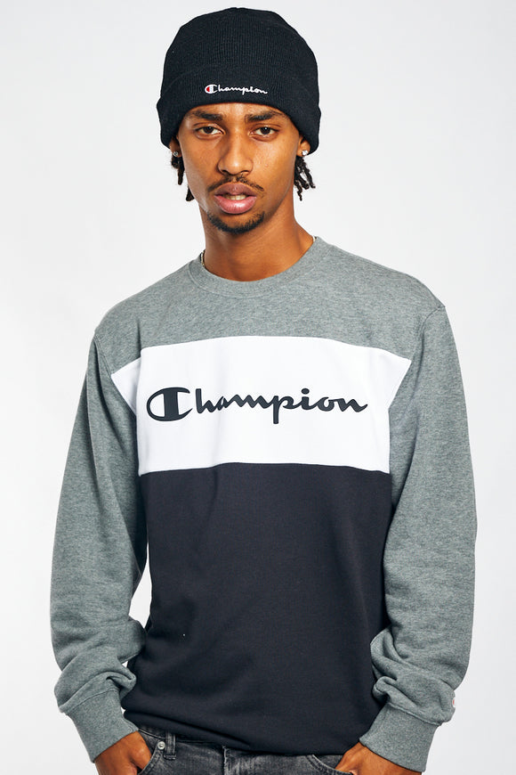 Champion Mens Euro Rochester Crew Neck Jumper - Grey/Black/White