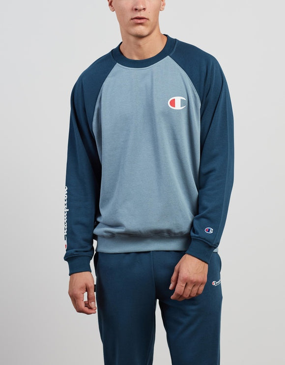 Champion Mens Lightweight Terry Colour Block Crew - Blue